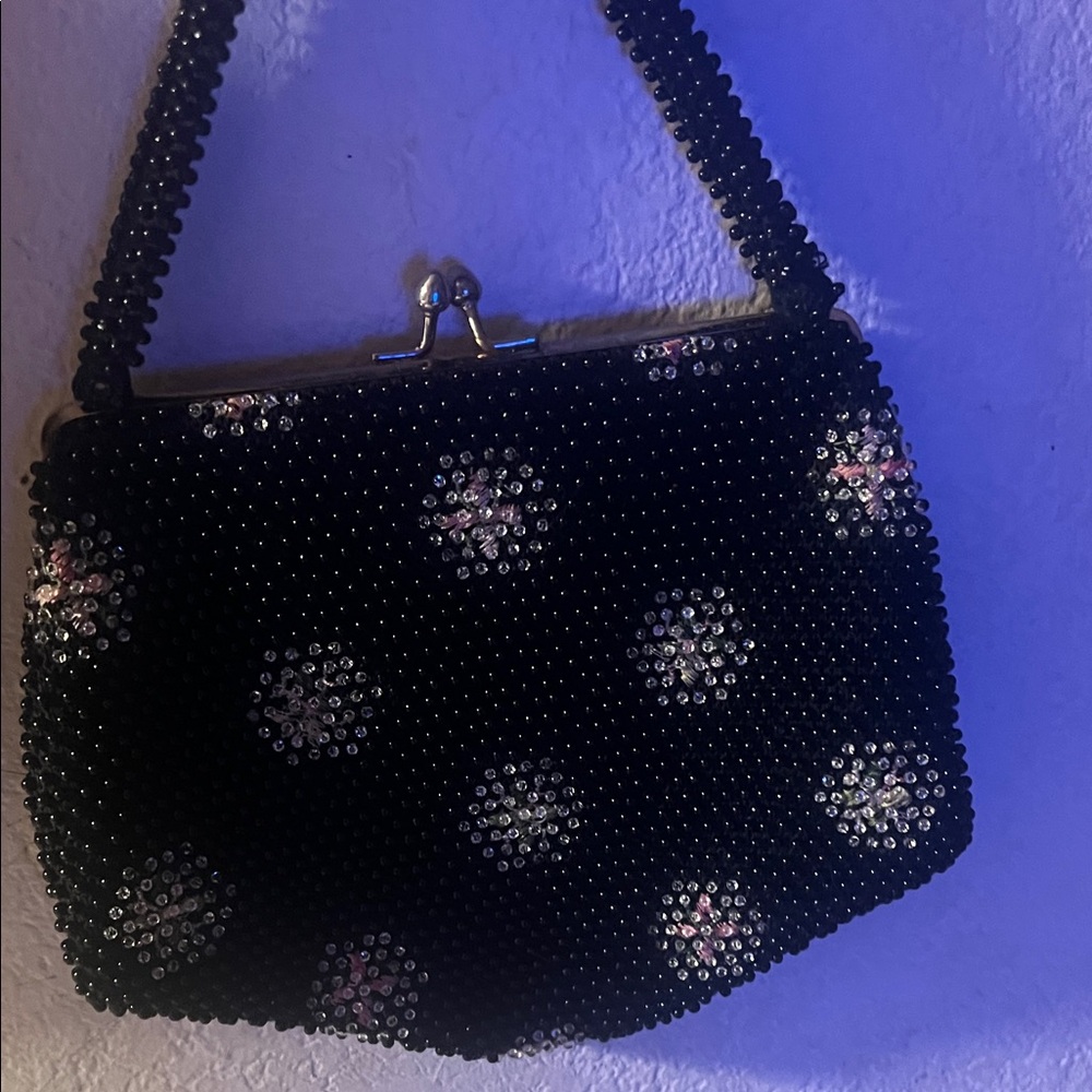 Chic Black Beaded Clutch with Floral Accents